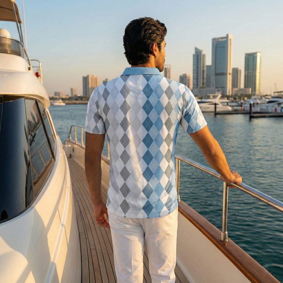 Back view of a male model wearing the Almaaz blue and grey argyle polo shirt, standing on a yacht deck and looking toward a city skyline.