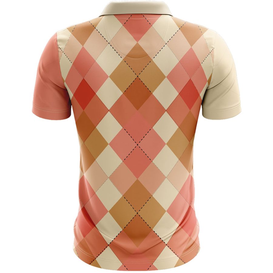 Back view of a male model wearing the Charkhana polo shirt, standing at a retro lounge bar, showcasing the seamless peach, tan, and cream argyle pattern.