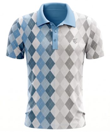 Front view 3D mockup of the Almaaz polo shirt, featuring a blue and grey argyle pattern, a solid sky-blue self-fabric collar, a matching three-button placket, and a small chest logo.