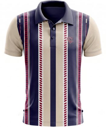 Front view of the Dastoor short-sleeve polo shirt on a ghost mannequin, featuring a solid navy blue collar and a bold central vertical stripe pattern in navy, cream, and maroon.