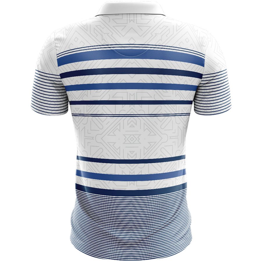 Back view of the Khat-e-Mutawazi polo shirt on a 3D mockup, showing a white base with navy blue horizontal stripes of varying widths and a subtle light grey geometric background pattern.