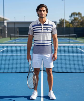 A male model facing forward on a blue tennis court, wearing the Khat-e-Mutawazi striped polo shirt, white athletic shorts, and white sneakers while holding a tennis racket in his right hand.