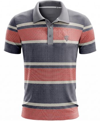 Front view of the Gymkhana Hashia Polo shirt featuring a self-fabric collar, grey and red horizontal stripes, and a 1.75-inch silver chest logo.