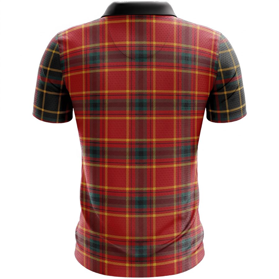 3D ghost mannequin back view of a red, green, and black plaid polo shirt with black sleeves and a black collar against a clean background.