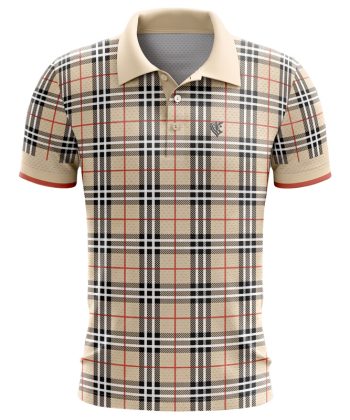 A 3D mockup front view of the Berber Plaid Polo Shirt, showcasing a tan, black, white, and red check pattern with a solid tan collar.