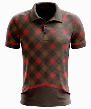 Front view of the men's Charkhana performance polo shirt on a ghost mannequin, featuring a brown and red diamond argyle pattern against a pure white background.