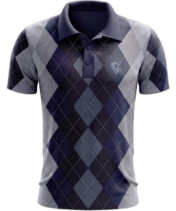 Front view of the Mo'ayyan Argyle Print Polo shirt on a ghost mannequin, featuring a self-fabric collar and navy and grey argyle design.