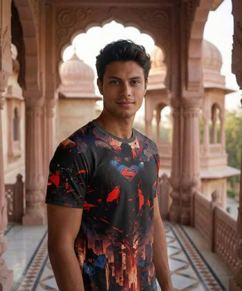 Superman marvel movies all over print t-shirt sublimated pakistan male model front view