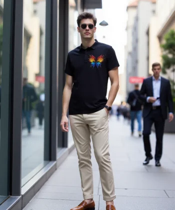 colorful butterfly embroidered polo t shirt black