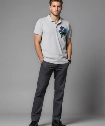 lion landscape embroiderey polo shirt Grey