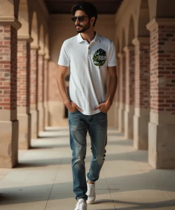 exotic leaf embroidered polo t shirt BLACK