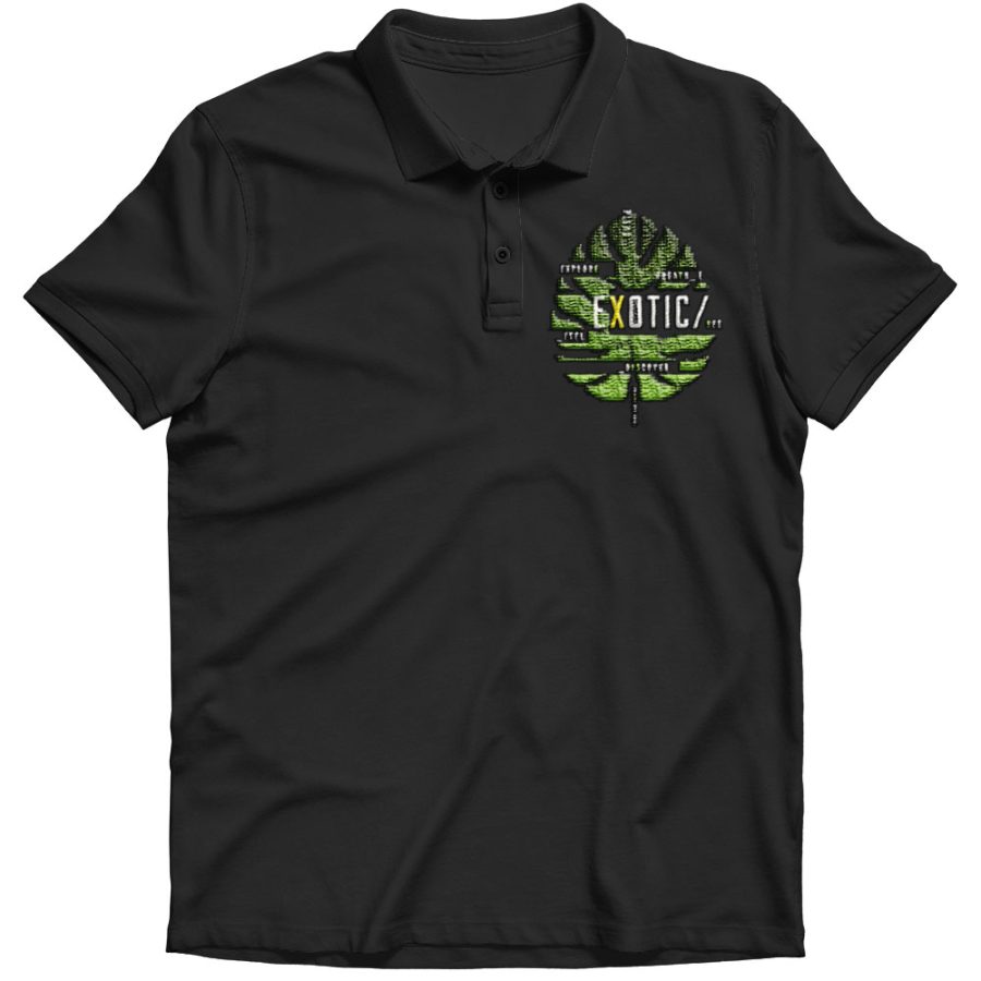 exotic leaf embroidered polo t shirt BLACK