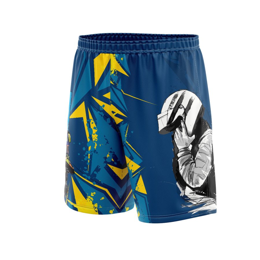Football-shorts-front-halfside-2 Sublimated Shorts Speed Demon 45 Graphic Racing Shorts in Navy Performance Shorts print pattern sublimated shorts polyester lycra all over print