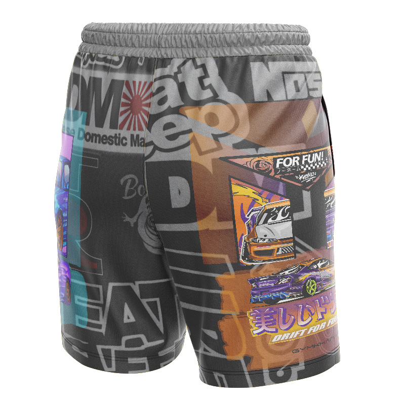 jdm all over print sublimated leisure Football shorts back left side view Sublimated Shorts: Drift King JDM Chaos Graphic Shorts Performance Shorts print pattern sublimated shorts polyester lycra all over print