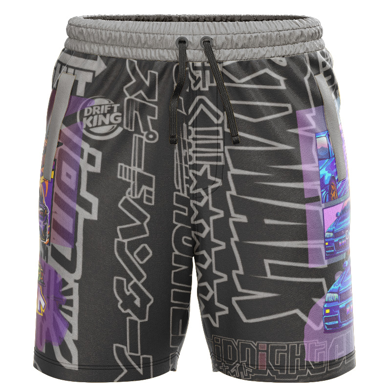 jdm all over print sublimated leisure Football shorts front view Sublimated Shorts: Drift King JDM Chaos Graphic Shorts Performance Shorts print pattern sublimated shorts polyester lycra all over print