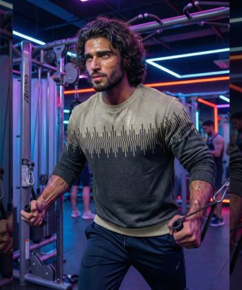 Equalizer all over print sweatshirt modern graphic equalizer pattern Pakistan sublimated pullover round neck fleece full sleeve sublimation male model front view