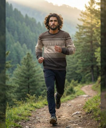 'The Indus' all over print sweatshirt featuring a geometric heritage pattern in earthy tones Pakistan sublimated pullover round neck fleece full sleeve sublimation pakistan male model front view