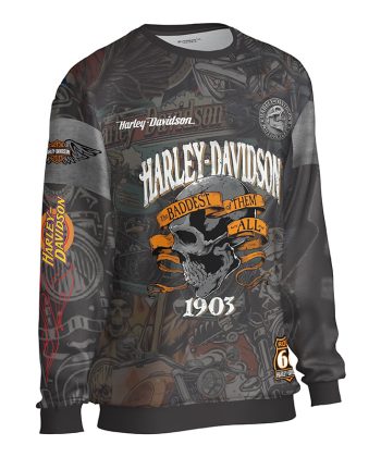 The Outlaw Legend Harley-Davidson all over print sweatshirt with 'Baddest of them all' skull graphic Pakistan sublimated pullover round neck fleece full sleeve sublimation