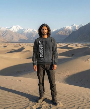 nomad all over print sweatshirt Super Saiyan Blue Pakistan sublimated pullover round neck male model front view