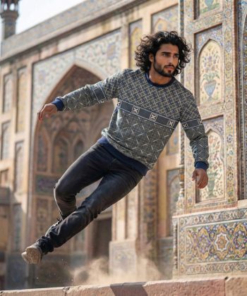 nordic weave all over print sweatshirt race car schematic Pakistan sublimated pullover round neck male model front view