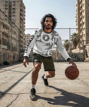 sanguine all over print sweatshirt race car schematic Pakistan sublimated pullover round neck male model front view