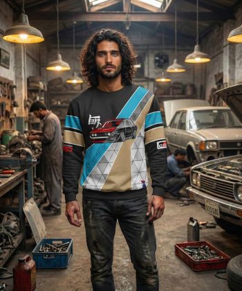 toyota corolla ke70 all over print sweatshirt Super Saiyan Blue Pakistan sublimated pullover round neck male model front view