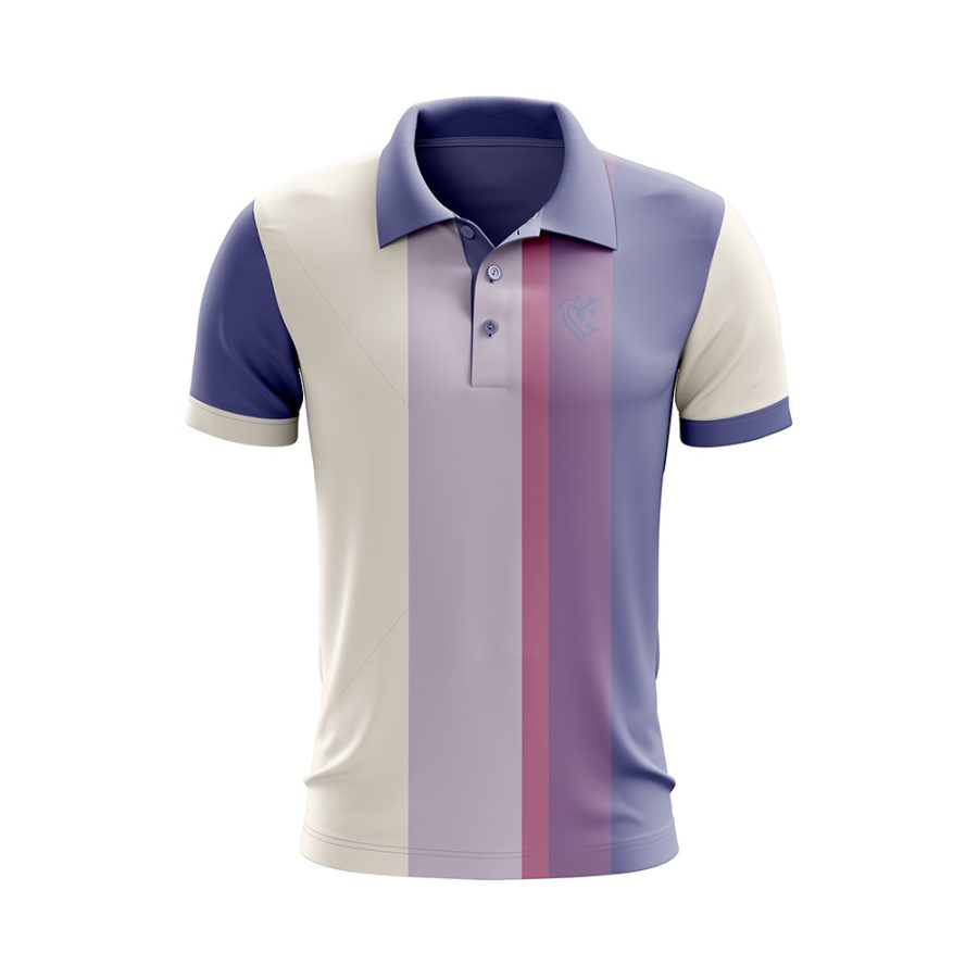 Front view of the Aniline Dry Fit Polo Shirt with vertical stripes in indigo, magenta, and cream.