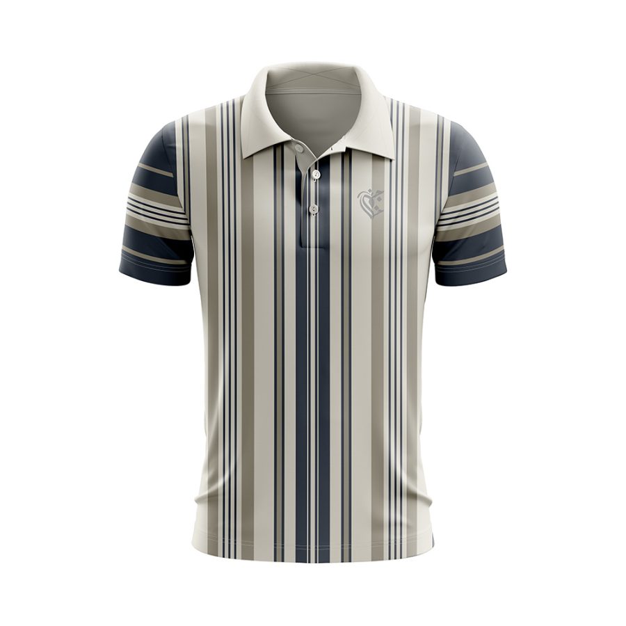 Front view of the Benzer Dry Fit Polo Shirt with classic vertical stripes in navy, olive, and cream.