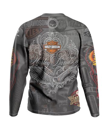 Back view of The Iron Legacy shirt featuring an ornate Harley-Davidson eagle and filigree design. Biker Graphic Shirt