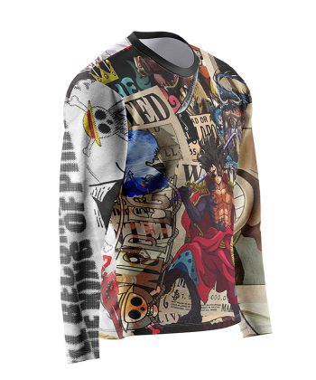 Side view of the One Piece long sleeve shirt showing the Straw Hat Jolly Roger on the sleeve.