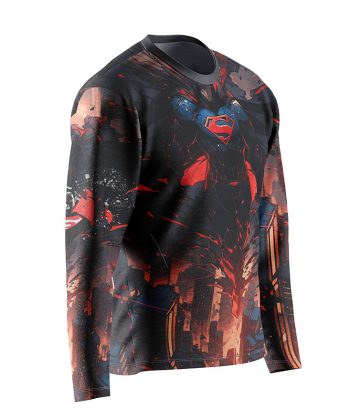 Side view of The Last Son of Krypton Superman Long Sleeve Shirt with its epic, painterly art style.