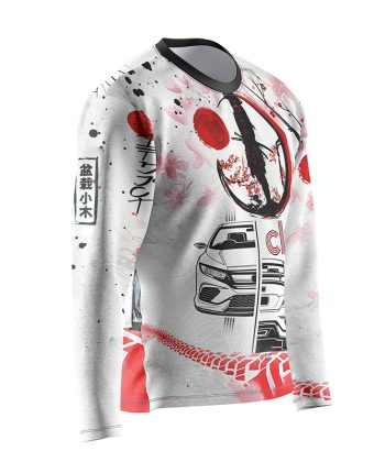 Side view of The Civic Ronin shirt with Japanese calligraphy on the sleeve.