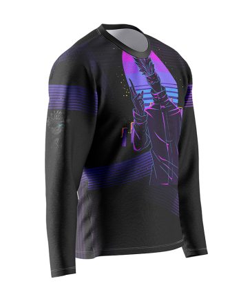 Side view of the Jujutsu Kaisen long sleeve shirt showing the neon synthwave design.