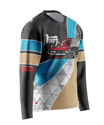 Side view of the JDM Legends long sleeve shirt showing the TRD logo and retro design.