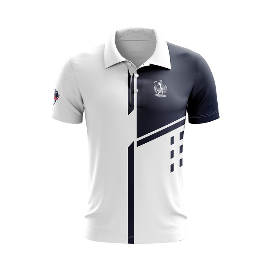 Front view of the navy and white Fairway Golf Polo Shirt with a modern graphic design.