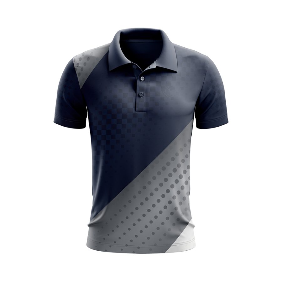 Front view of the Harika Dry Fit Polo in navy and grey with checkerboard and halftone patterns.