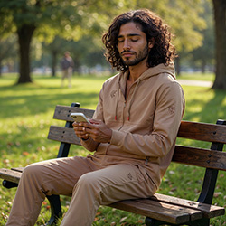 Man sitting on a park bench using a phone while wearing the Scuba Tracksuit Pakistan.