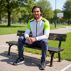 Man sitting on a park bench wearing the white and green Voltage Mens Tracksuit Pakistan.
