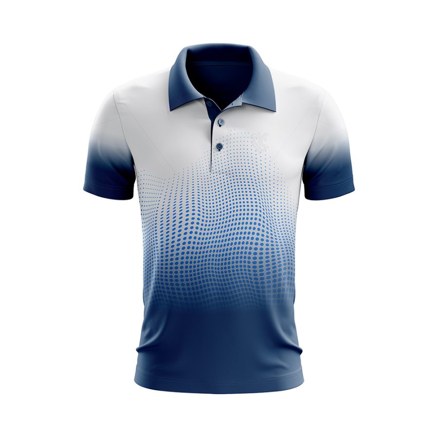 Front view of the Bombora Dry Fit Polo Shirt with a blue-to-white gradient and a digital wave pattern.