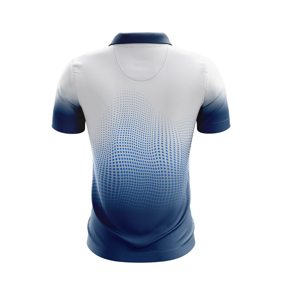 Back view of the Bombora Dry Fit Polo Shirt showing the continuation of the gradient and wave design.