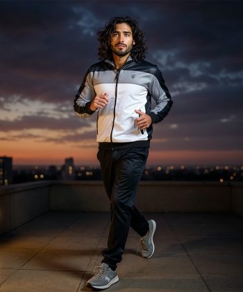 A man running in the Chroma Mens Tracksuit Pakistan on a rooftop.