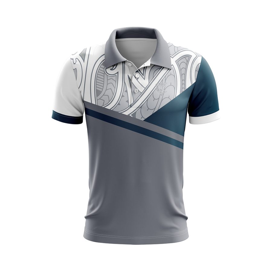 Front view of the Compax Dry Fit Polo Shirt featuring a detailed grey and white pattern and angular color blocking.