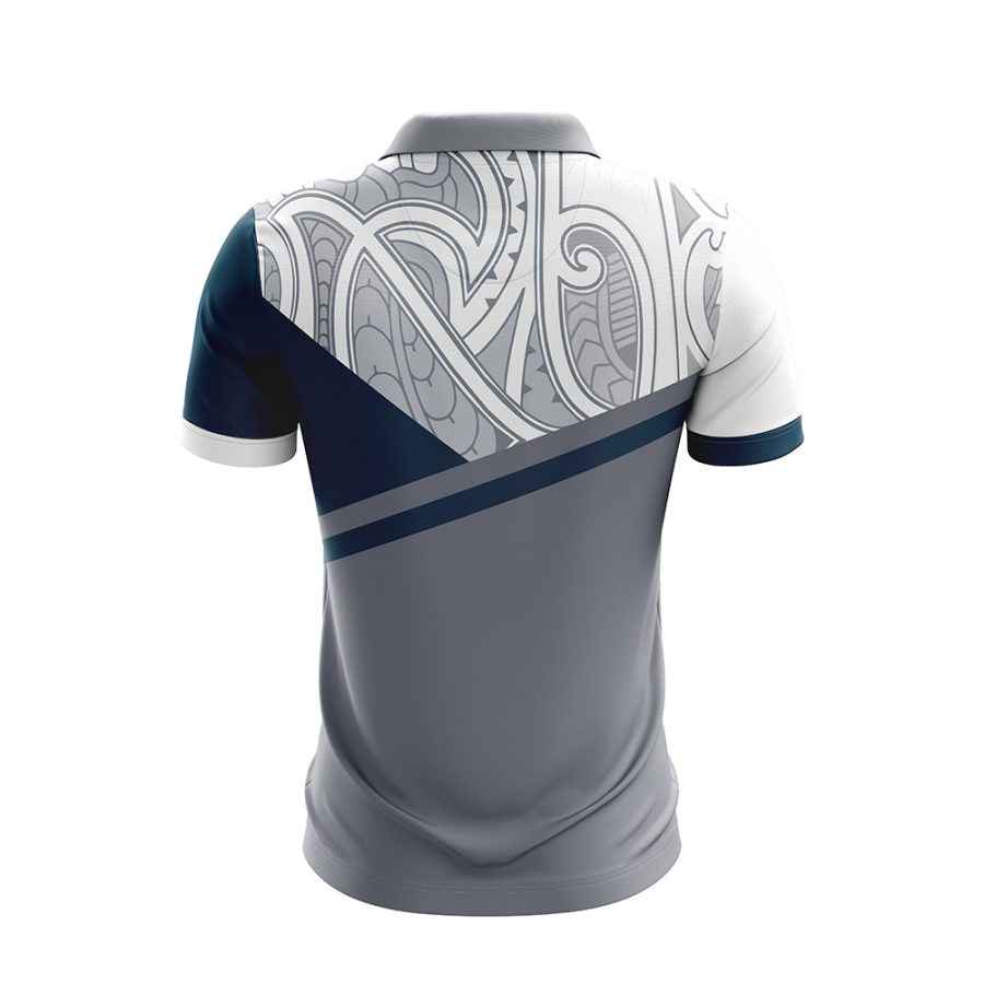 Back view of the Compax Dry Fit Polo Shirt featuring a detailed grey and white pattern and angular color blocking.