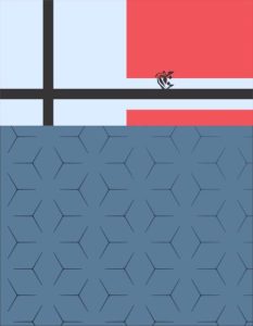 Design of the Galaksi Dry Fit Polo Shirt with a cosmic grid pattern and red and blue color blocking.