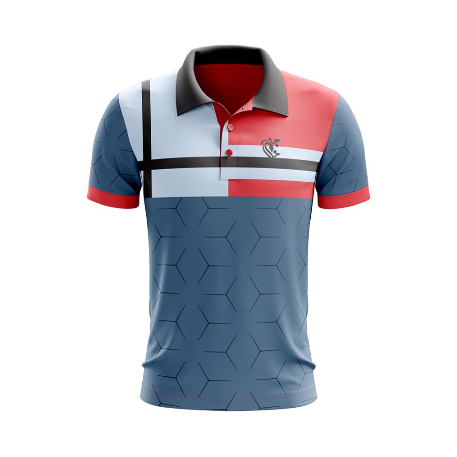 Front view of the Galaksi Dry Fit Polo Shirt with a cosmic grid pattern and red and blue color blocking.