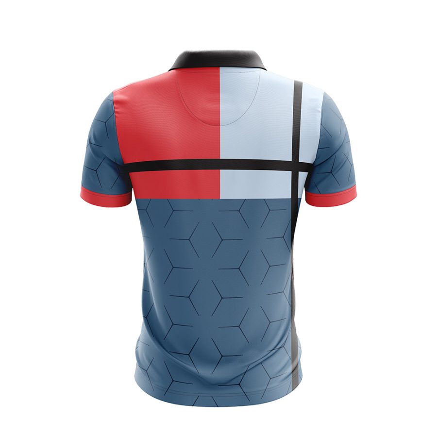 Back view of the Galaksi Dry Fit Polo Shirt showing the futuristic color block and geometric design.