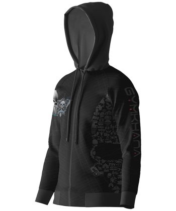 Side view of The Azure Gaze Skull Hoodie Pakistan showing the sleeve logo.
