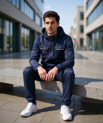 Man sitting in Neo-Flex navy blue Mens Tracksuit