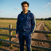 Front view of a man wearing the Relay Mens Tracksuit Pakistan on a path.