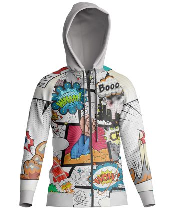 Front view of The Kapow!, a vibrant pop art Comic Book Hoodie Pakistan.